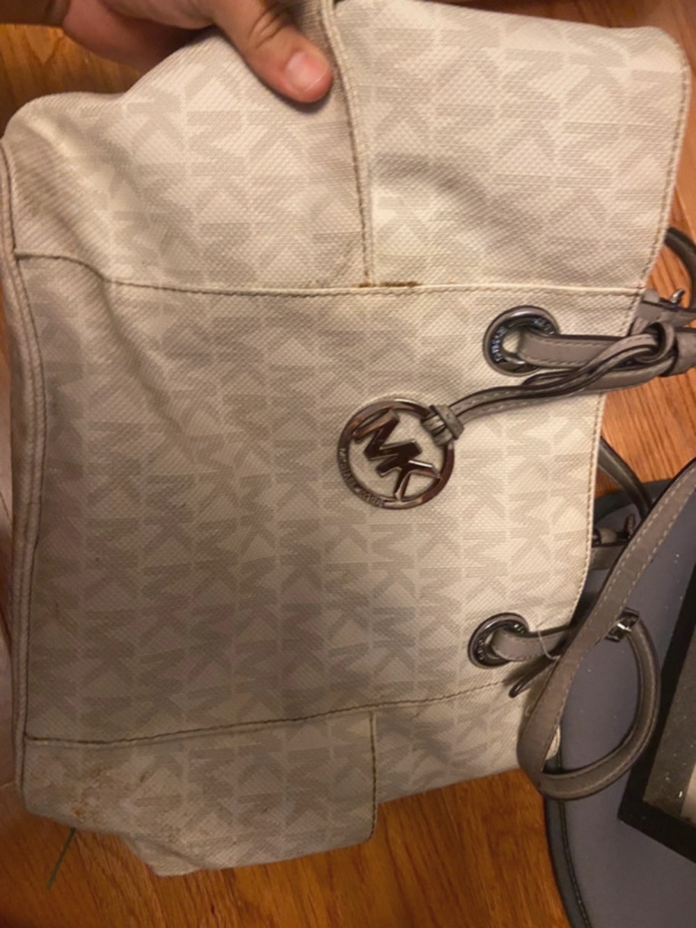 Michael Kors Light Beige Logo-Print Tote with MK Charm